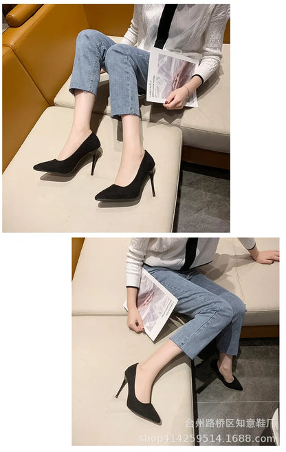 Women's Shoes Concise Flock High Heels Women Pumps Pointed Toe Classic Red Gray Ladies Wedding Shoes Office Big Size 34-43