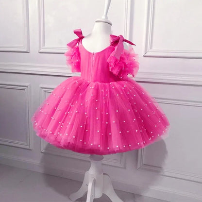 Baby Girls Party Dresses For 1st Birthday Elegant Children Tutu Dresses Pearl Decoration Wedding Flower Girl Princess Vestidos
