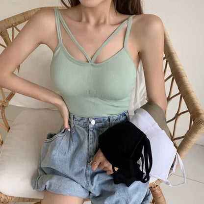 Women's Underwear Seamless Body-fitting Vest Wrapped Detachable Chest Pad Cut Top Elastic Sexy Cross Open Back V-neck Vest Bra