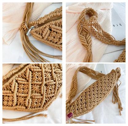 Women's Summer Beach Knitted Bag Bohemia Fanny Pack Fashion Ethnic Style Crochet Waist Bag Shoulder Bag Woven Outdoor Tote 2024