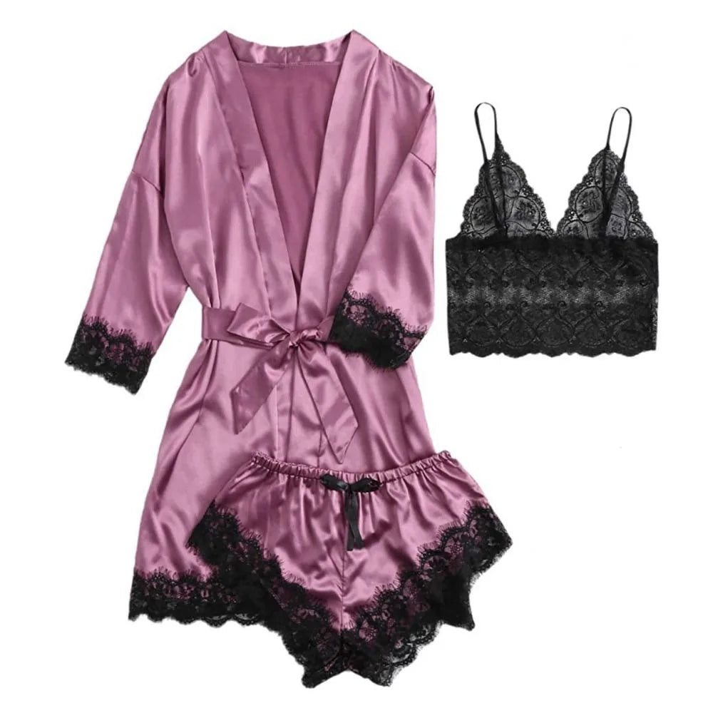 Women Homewear Elegant Satin Pajamas Outfit Bowknot V-Neck Shorts Camisole Nightdress Loose Panties Lace Sleepwear Sets Summer