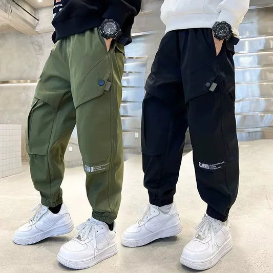 Boys Fashion Letter Print Cotton Cargo Pants 5-14 Years Spring Autumn Casual Sweatpants for Daily Outdoor Kids Clothes