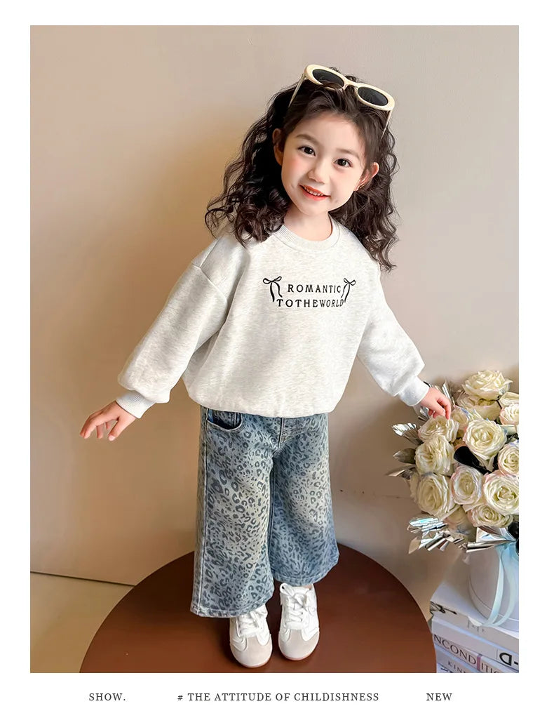Girls' Pants 2025 New Children's Spring Clothing Spring and Autumn Fashionable Jeans Baby Girl Leopard Print Wide-leg Pants