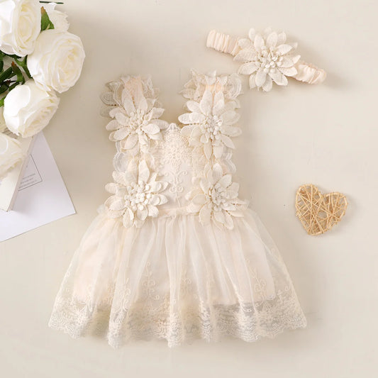 Girls Lace Flower Dress Set Sleeveless Skirt with Hair Accessory Luxury Style Baby Girl's Outfit