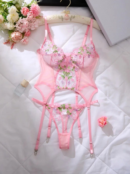 Women's Underwear with Garter Belt Pink Tulle Sexy Lingerie Romantic Floral Embroidery Bra Panties Sets See Through Lingerie Set