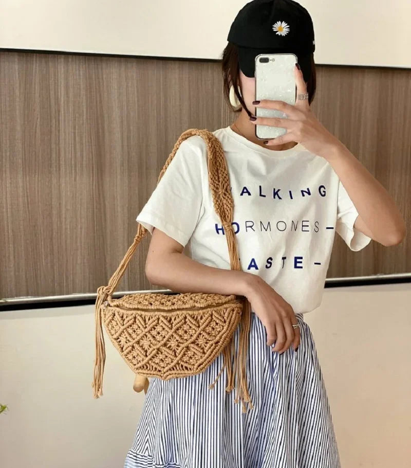 Women's Summer Beach Knitted Bag Bohemia Fanny Pack Fashion Ethnic Style Crochet Waist Bag Shoulder Bag Woven Outdoor Tote 2024