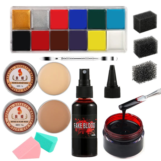 Special Effects SFX Halloween Makeup Kit - 12 Colors Face Body Paint Palette + Scar Wax with Spatula Tool + Fake Blood+Spong