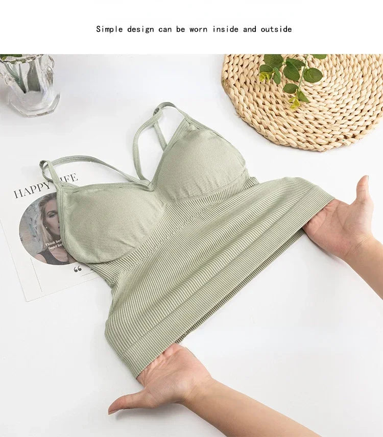 Women's Underwear Seamless Body-fitting Vest Wrapped Detachable Chest Pad Cut Top Elastic Sexy Cross Open Back V-neck Vest Bra