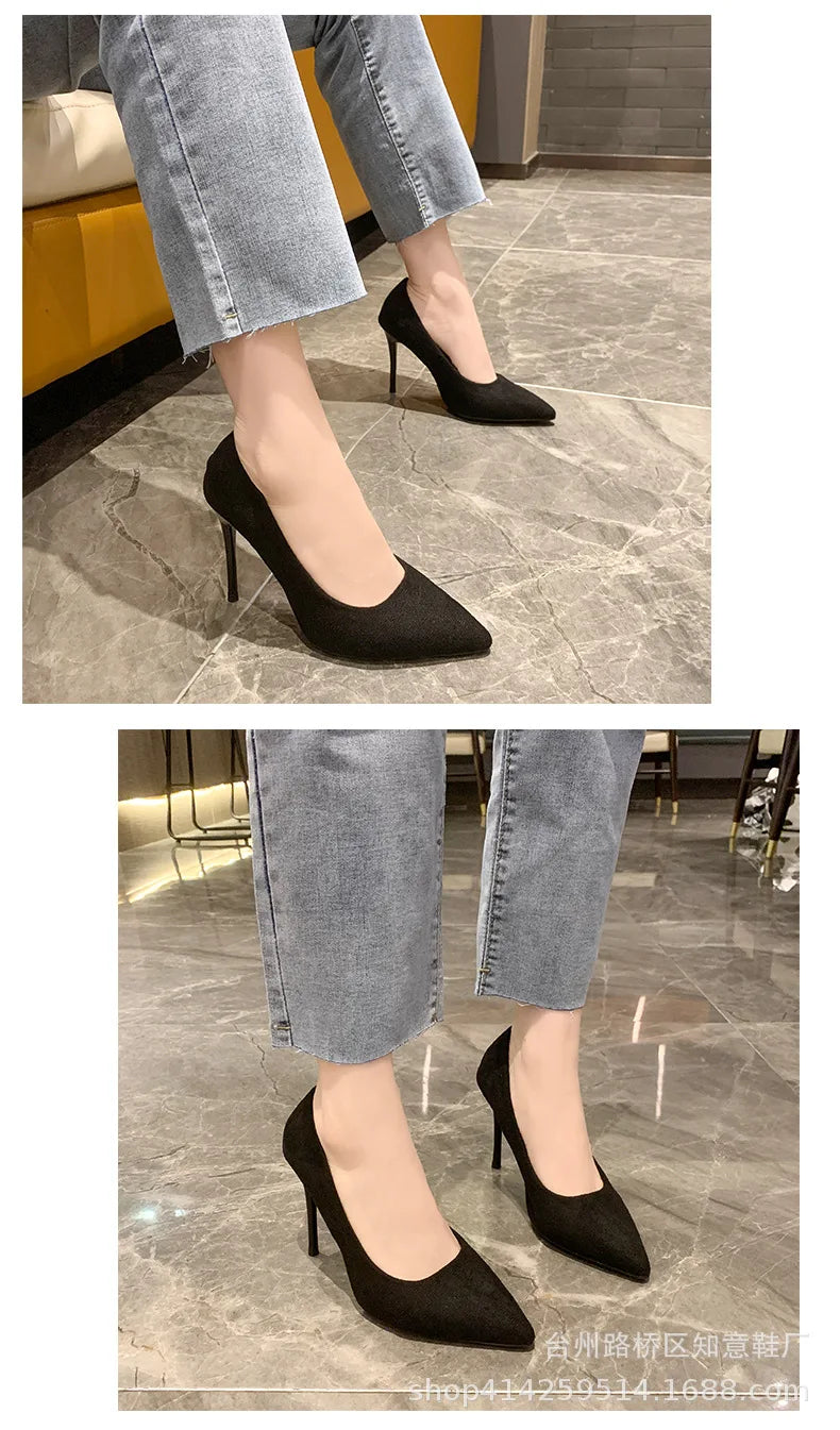 Women's Shoes Concise Flock High Heels Women Pumps Pointed Toe Classic Red Gray Ladies Wedding Shoes Office Big Size 34-43