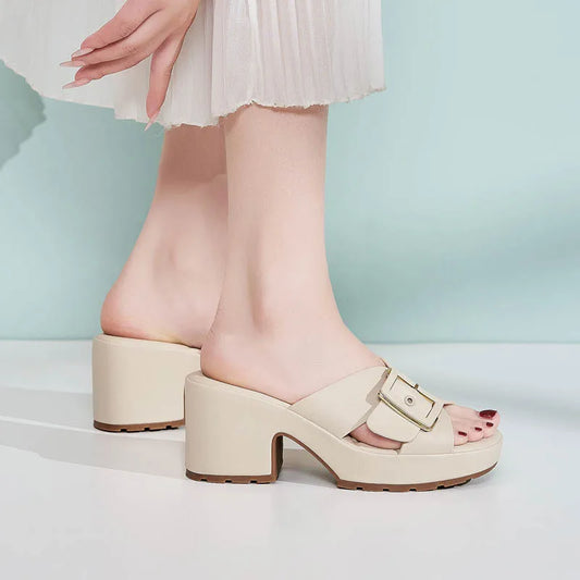 Women's slippers, summer simple single line strap, comfortable and non slip, daily casual thick soled and thick heeled shoes