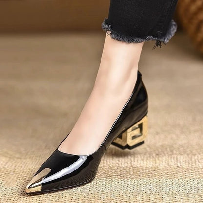 Women's Low-cut Shoes 2025 Spring and Autumn Fashion Low-heeled Pumps Classic Metal Toe Pointed High-heeled Office Shoes.