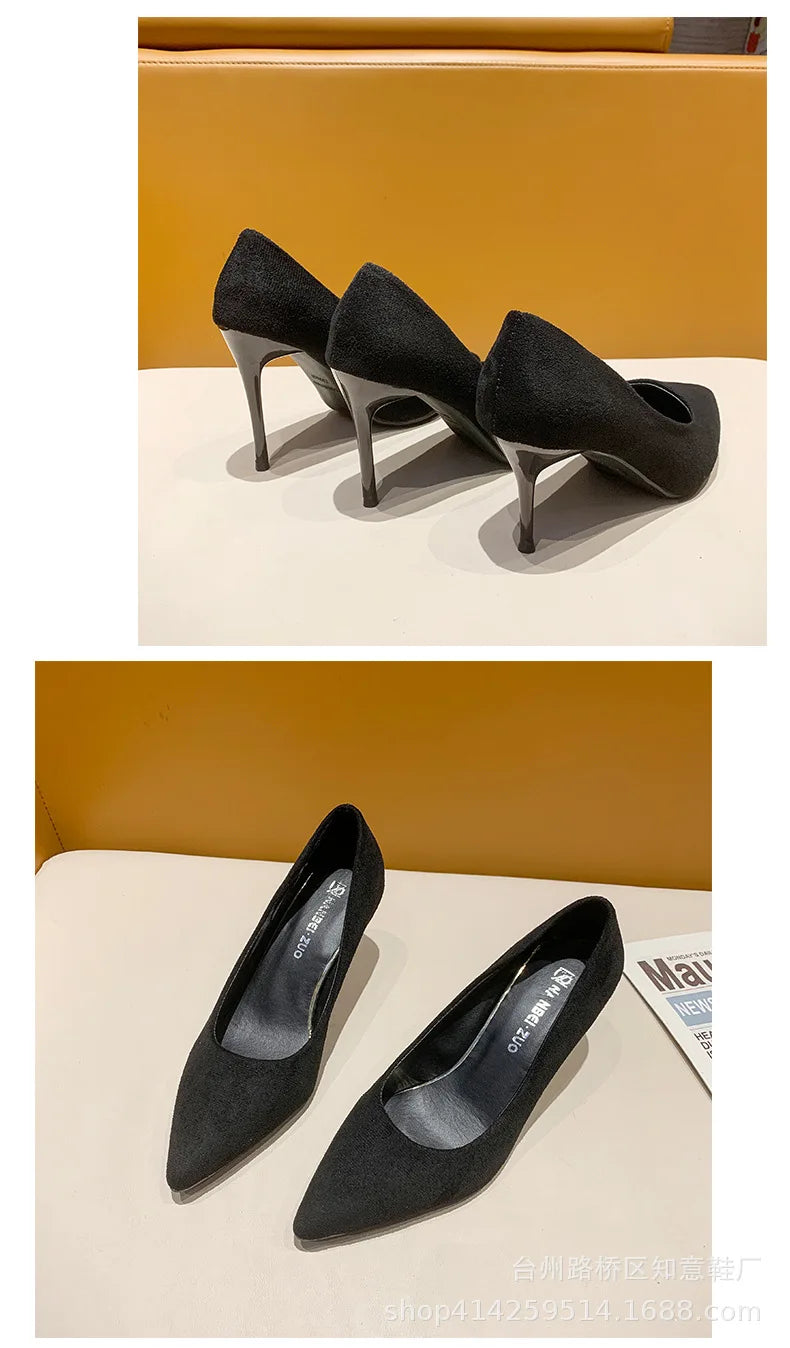 Women's Shoes Concise Flock High Heels Women Pumps Pointed Toe Classic Red Gray Ladies Wedding Shoes Office Big Size 34-43