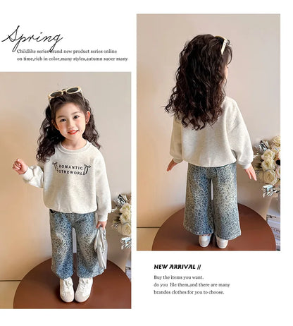 Girls' Pants 2025 New Children's Spring Clothing Spring and Autumn Fashionable Jeans Baby Girl Leopard Print Wide-leg Pants