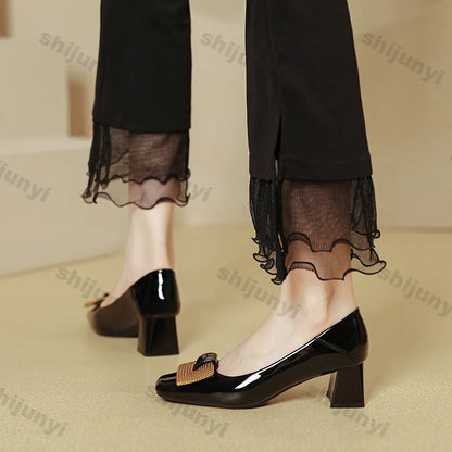 Women's Shoes 2025 New Summer Thick Heels Non Slip High Heels Women Square Head Elegant Middle Wedding Pumps High Quality