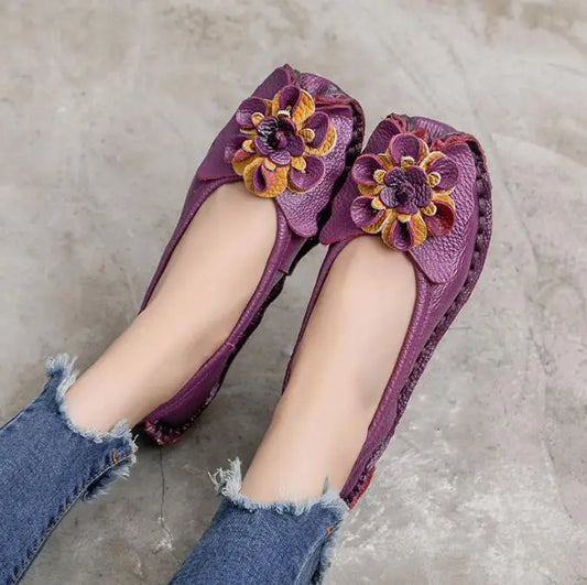 Women Shoes Genuine Leather Flat Shoes Women Flats With Flowers Ladies Shoes  Loafers Slip On Handmade Moccasins