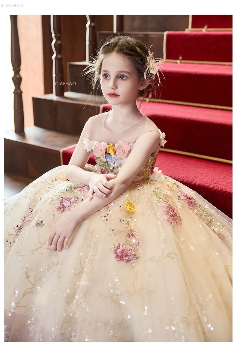Elegant Girls Party Dress with Flowers for Girl Wedding Children Pageant Gown Dresses Little Host Piano Recital Flower Eids