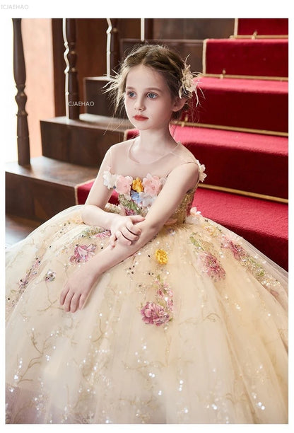 Elegant Girls Party Dress with Flowers for Girl Wedding Children Pageant Gown Dresses Little Host Piano Recital Flower Eids