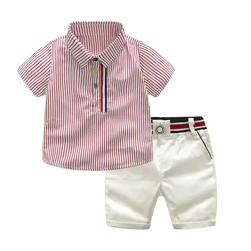 Summer Boys Clothing Set Cotton Striped Short Sleeve Lapel Shirt Pants 2Pcs Suit For 2-6 Years Kids Casual Outfits Elegant Suit