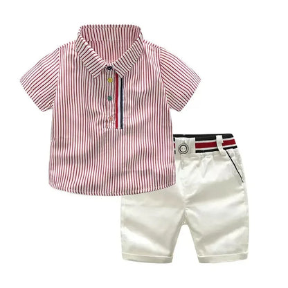 Summer Boys Clothing Set Cotton Striped Short Sleeve Lapel Shirt Pants 2Pcs Suit For 2-6 Years Kids Casual Outfits Elegant Suit