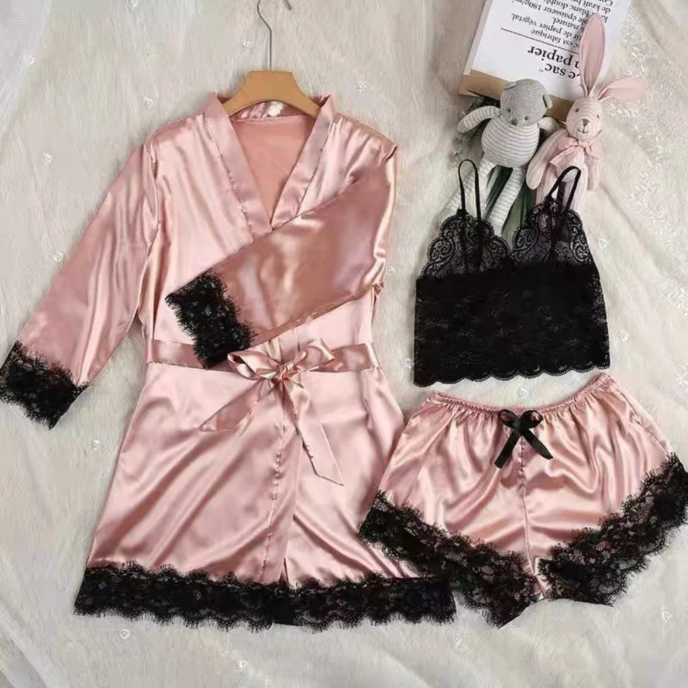 Women Homewear Elegant Satin Pajamas Outfit Bowknot V-Neck Shorts Camisole Nightdress Loose Panties Lace Sleepwear Sets Summer