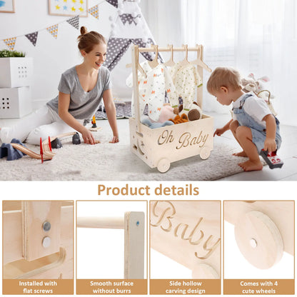 Wooden Baby Shower Box Wheel Equipped Baby Gear Pushable Storage Chest with Handle and Hanger for Clothes Diaper Toy