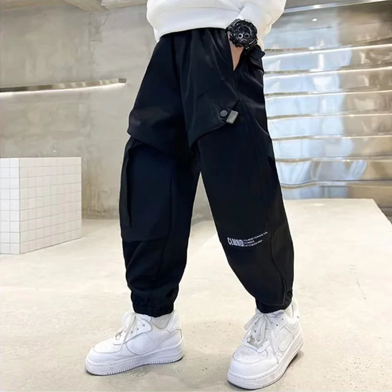 Boys Fashion Letter Print Cotton Cargo Pants 5-14 Years Spring Autumn Casual Sweatpants for Daily Outdoor Kids Clothes