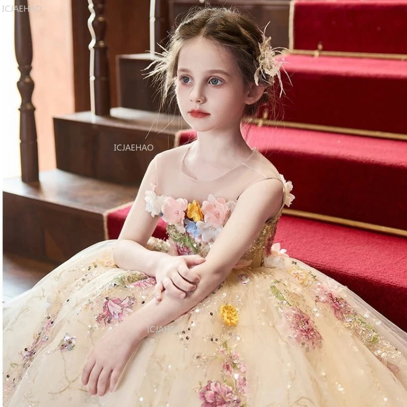 Elegant Girls Party Dress with Flowers for Girl Wedding Children Pageant Gown Dresses Little Host Piano Recital Flower Eids