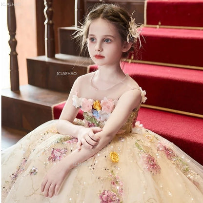 Elegant Girls Party Dress with Flowers for Girl Wedding Children Pageant Gown Dresses Little Host Piano Recital Flower Eids