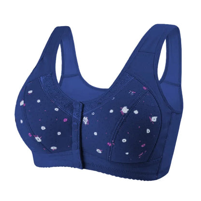 Women'S Underwear Without Steel Ring Bra Front Buckle Lace Border Printed Vest Bra Comfortable Soft Middle-Aged Elderly