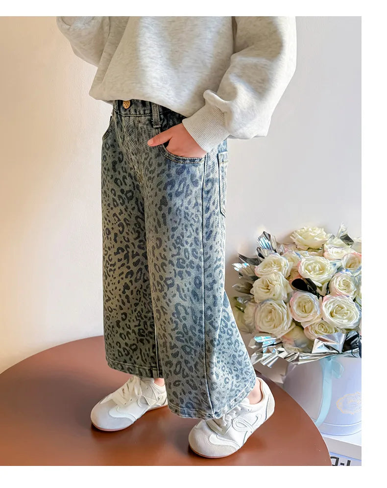 Girls' Pants 2025 New Children's Spring Clothing Spring and Autumn Fashionable Jeans Baby Girl Leopard Print Wide-leg Pants