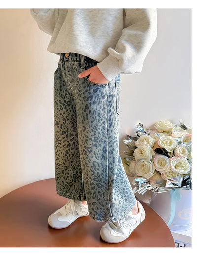 Girls' Pants 2025 New Children's Spring Clothing Spring and Autumn Fashionable Jeans Baby Girl Leopard Print Wide-leg Pants