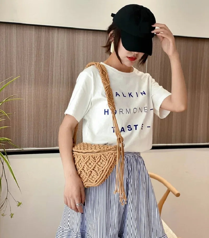 Women's Summer Beach Knitted Bag Bohemia Fanny Pack Fashion Ethnic Style Crochet Waist Bag Shoulder Bag Woven Outdoor Tote 2024
