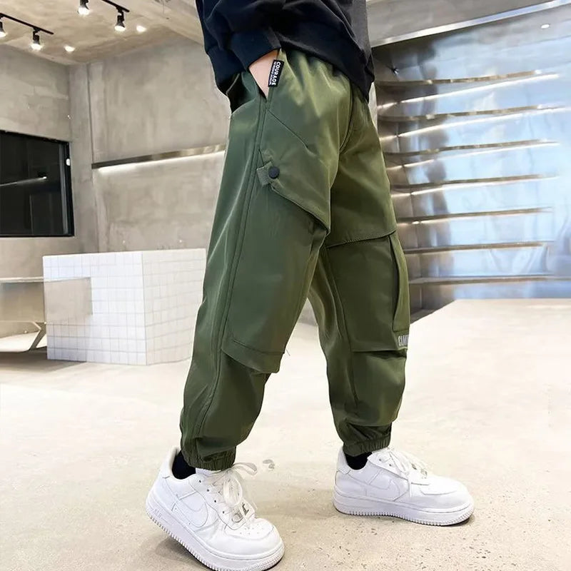 Boys Fashion Letter Print Cotton Cargo Pants 5-14 Years Spring Autumn Casual Sweatpants for Daily Outdoor Kids Clothes