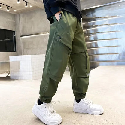 Boys Fashion Letter Print Cotton Cargo Pants 5-14 Years Spring Autumn Casual Sweatpants for Daily Outdoor Kids Clothes