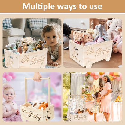 Wooden Baby Shower Box Wheel Equipped Baby Gear Pushable Storage Chest with Handle and Hanger for Clothes Diaper Toy