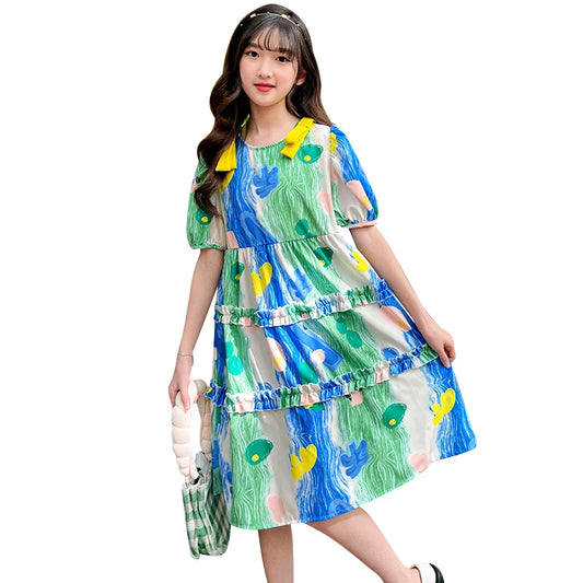 Summer Dress Girl Korean Style Sweet Floral Print Casual Kids Ruched Dresses Toddler Girls Clothes 4 5 6 7 8 9 10 12 14 Year Old