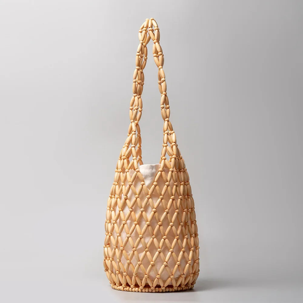 Women Woven Hand Bag Summer Design Hollow-out Wooden Bead Tote Bucket Shoulder Bag Female Reticulate Netted Canvas Beach Handbag