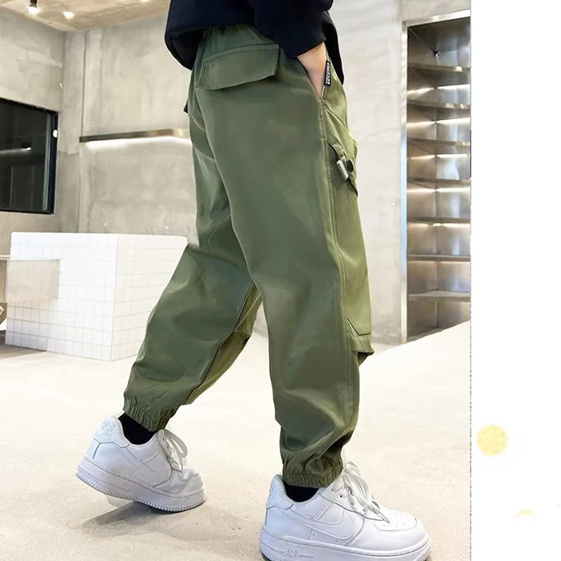 Boys Fashion Letter Print Cotton Cargo Pants 5-14 Years Spring Autumn Casual Sweatpants for Daily Outdoor Kids Clothes