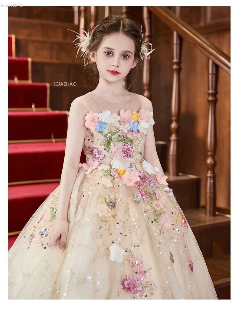 Elegant Girls Party Dress with Flowers for Girl Wedding Children Pageant Gown Dresses Little Host Piano Recital Flower Eids
