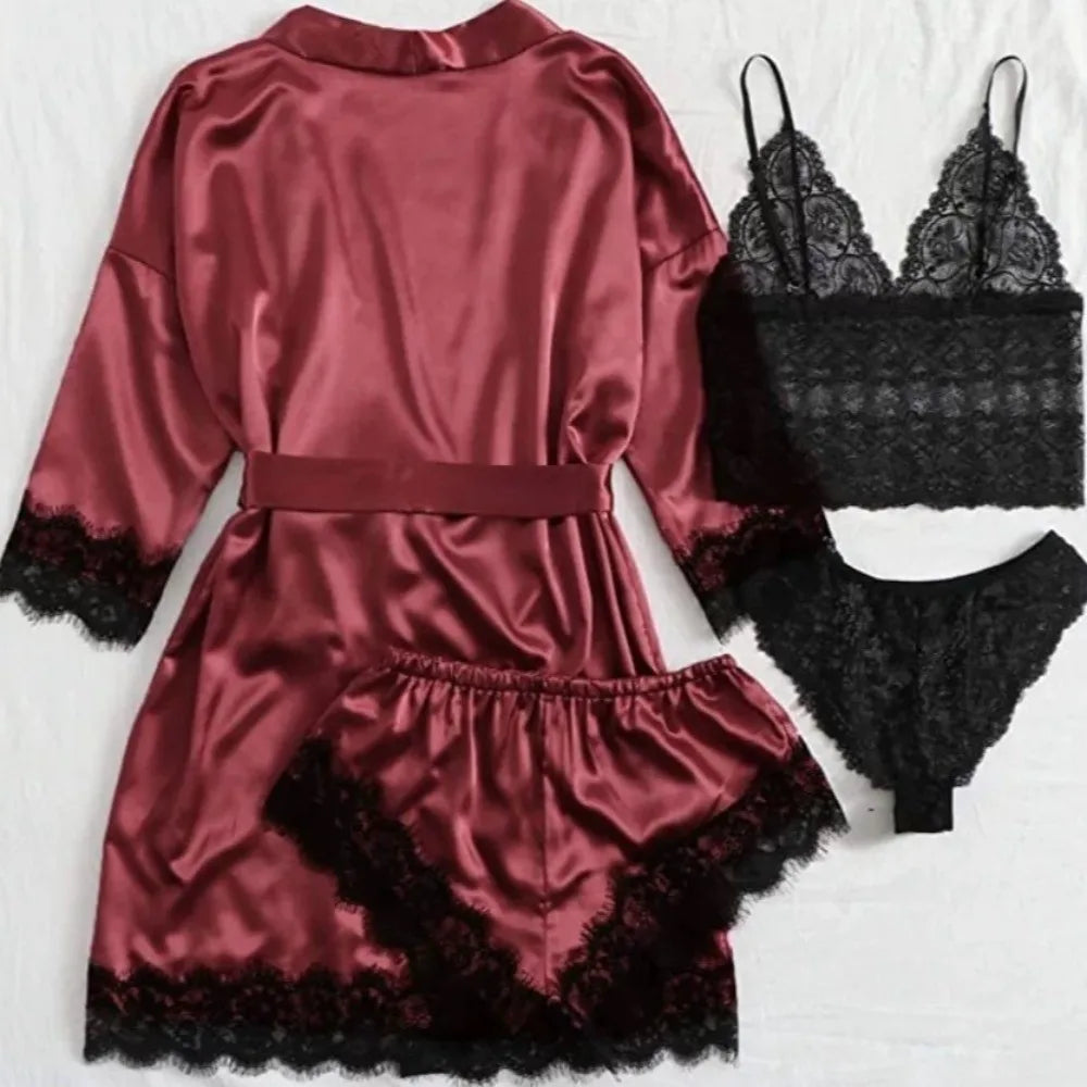 Women Homewear Elegant Satin Pajamas Outfit Bowknot V-Neck Shorts Camisole Nightdress Loose Panties Lace Sleepwear Sets Summer