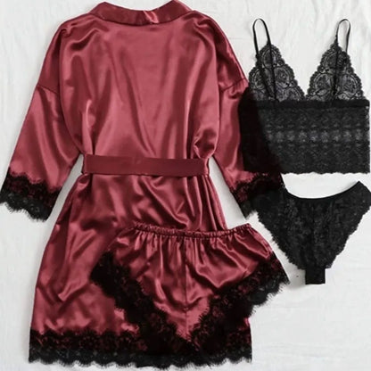 Women Homewear Elegant Satin Pajamas Outfit Bowknot V-Neck Shorts Camisole Nightdress Loose Panties Lace Sleepwear Sets Summer