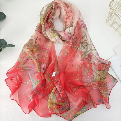 Women Elegant Chiffon Silk Scarves Fashion Versatile Flower Wraps Summer Beach Sunscreen Thin Scarf Georgette Bandana Hijab