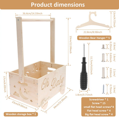 Wooden Baby Shower Box Wheel Equipped Baby Gear Pushable Storage Chest with Handle and Hanger for Clothes Diaper Toy
