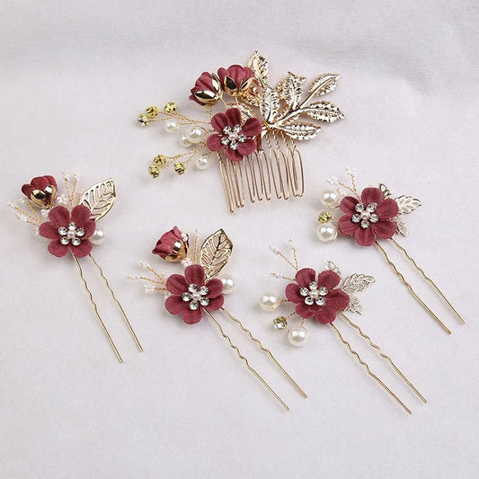 5Pcs/Set Bridal Hair Accessories for Women Flower Pearl Headpiece Tiara Wedding Barrette Clip Hairpins Bride Hair Combs Ornament