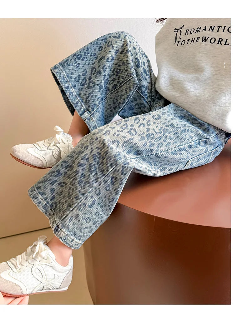 Girls' Pants 2025 New Children's Spring Clothing Spring and Autumn Fashionable Jeans Baby Girl Leopard Print Wide-leg Pants