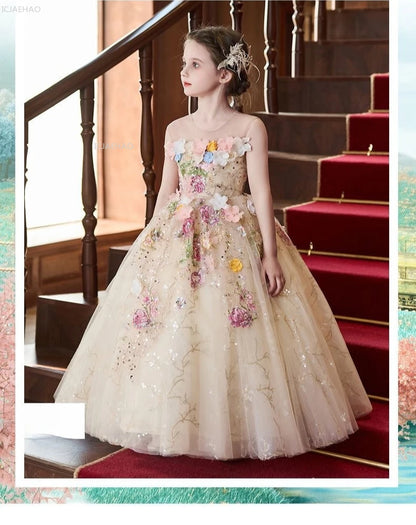 Elegant Girls Party Dress with Flowers for Girl Wedding Children Pageant Gown Dresses Little Host Piano Recital Flower Eids