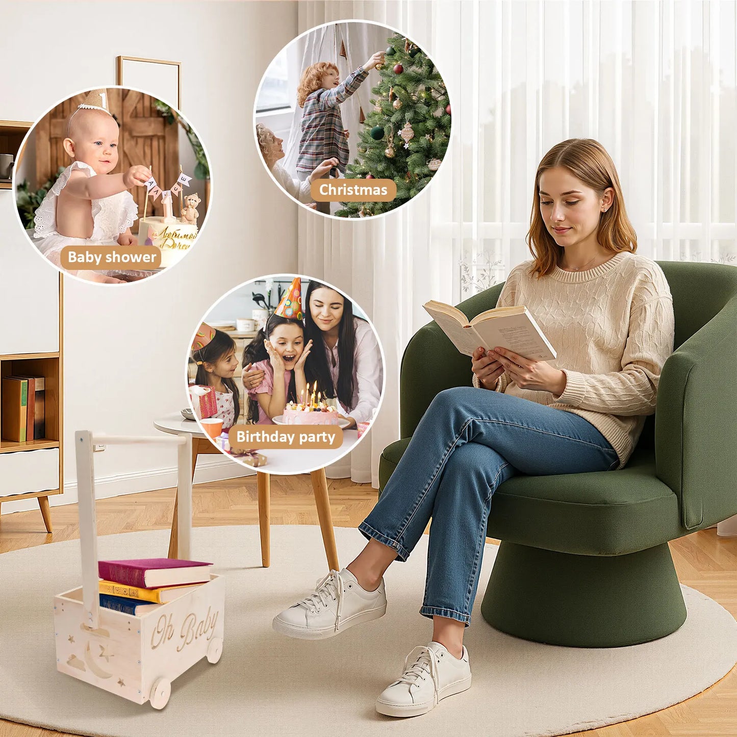 Wooden Baby Shower Box Wheel Equipped Baby Gear Pushable Storage Chest with Handle and Hanger for Clothes Diaper Toy