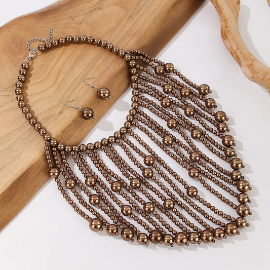 Bridal Wedding Jewelry Set Fashion Elegant Handmade Imitation Pearl Tassel Necklace And Earrings Women's Party Accessories