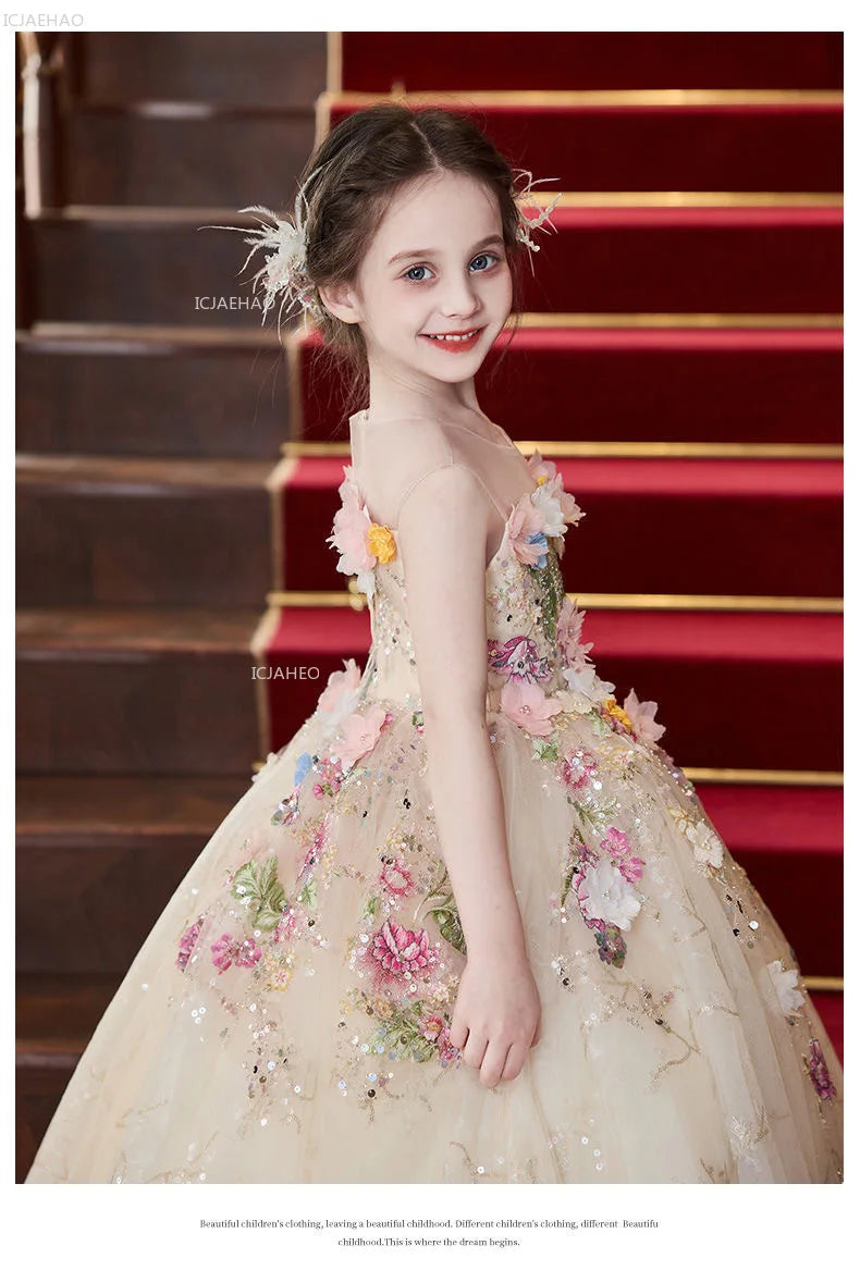 Elegant Girls Party Dress with Flowers for Girl Wedding Children Pageant Gown Dresses Little Host Piano Recital Flower Eids