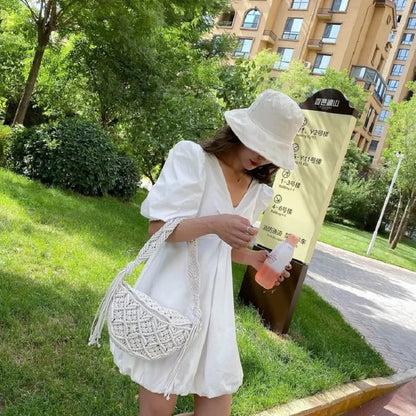 Women's Summer Beach Knitted Bag Bohemia Fanny Pack Fashion Ethnic Style Crochet Waist Bag Shoulder Bag Woven Outdoor Tote 2024